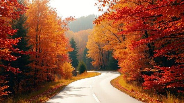 A winding road through a vibrant autumn forest, showcasing the fiery hues of fall foliage - Powered by Adobe