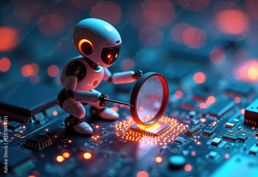 Poster A small robot examines a glowing microchip with a magnifying glass on a circuit board.