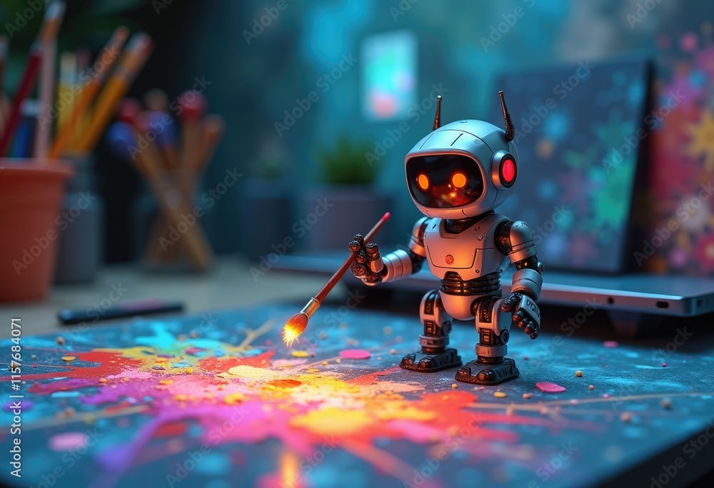 Poster A robot artist uses a paintbrush to create a colorful abstract masterpiece.