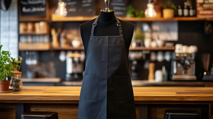 Black apron hanging in a cozy cafe with vintage decor and warm lighting