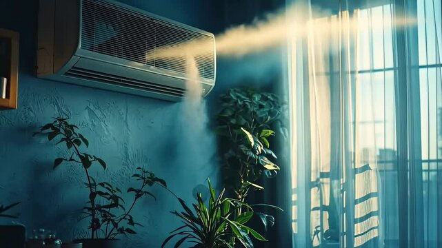An air conditioner in operation, circulating cool air to maintain a comfortable temperature and enhance indoor climate control in the room.