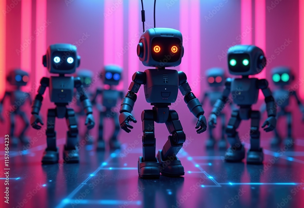 Poster a line of robots with glowing eyes stand on a glowing floor.