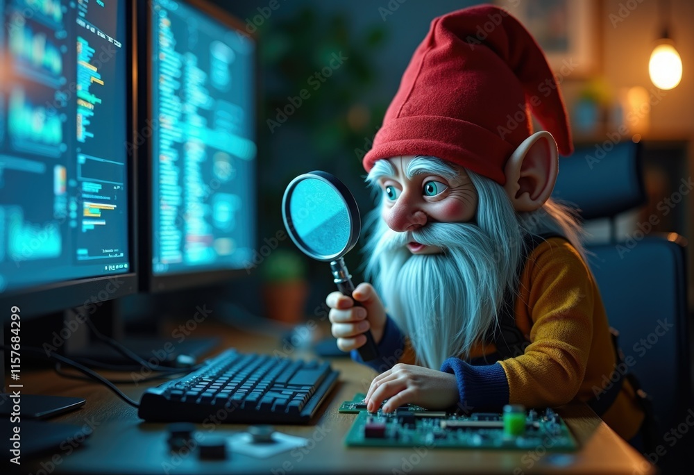Poster a gnome with a magnifying glass inspects a computer motherboard surrounded by technology.