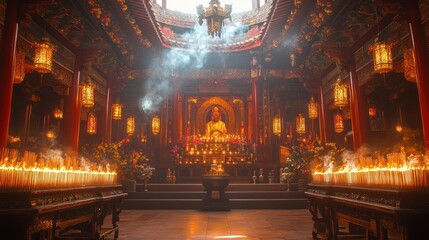 Serene temple interior with Buddha statue, burning incense, and glowing lanterns.
