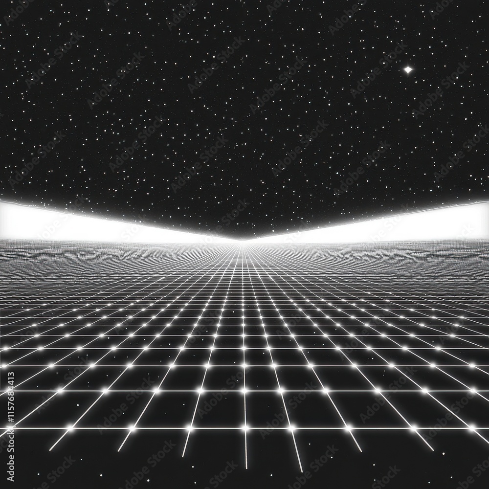 Poster abstract representation of a futuristic grid extending towards a starry horizon in monochromatic ton