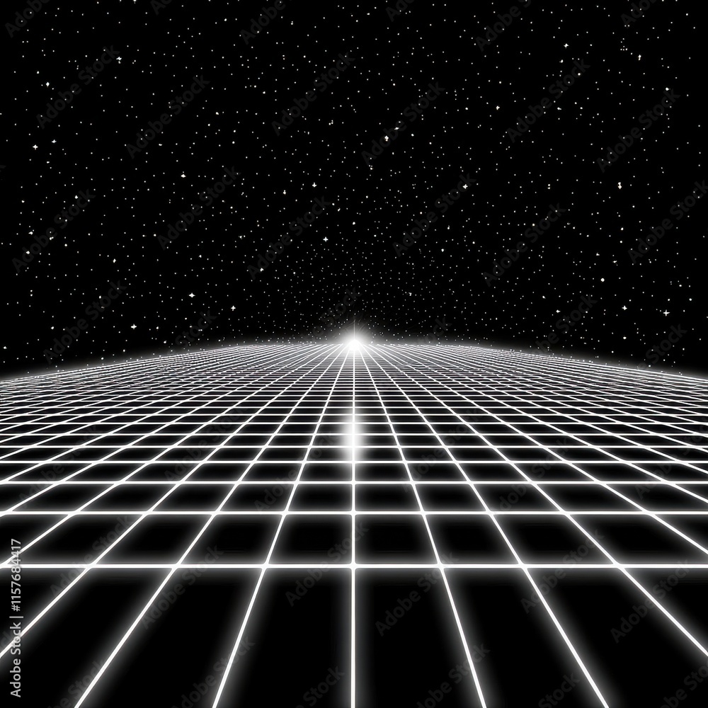 Poster a mesmerizing 3d grid leads into the luminous depth of a starry universe, creating an ethereal, cosm