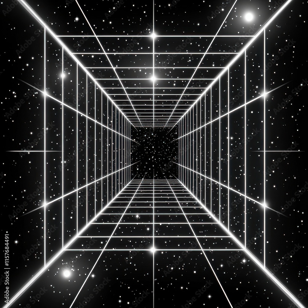 Poster a mesmerizing view into a cosmic tunnel of stars and lines, evoking a sense of infinite depth and my