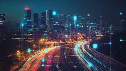 Smart digital Innovation city with connection network reciprocity over the cityscape. of future smart wireless digital city and social media networking systems that connects people with in city