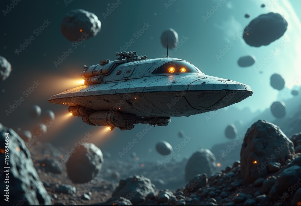 Poster a futuristic spaceship with glowing lights navigating through a field of asteroids.
