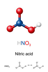 Nitric acid, HNO3, molecule model and chemical structure. Inorganic compound, corrosive mineral acid, and oxidizing agent. The main industrial use of nitric acid is for the production of fertilizers.