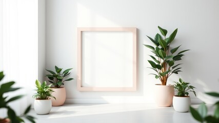 Minimalist interior design featuring a blank frame and potted plants