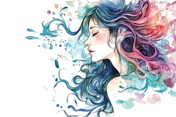 A watercolor painting of a woman with flowing locks, perfect for art or lifestyle uses