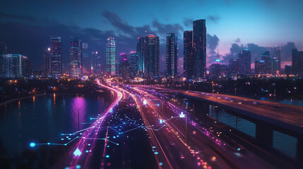 Obraz premium Smart digital Innovation city with connection network reciprocity over the cityscape. of future smart wireless digital city and social media networking systems that connects people with in city