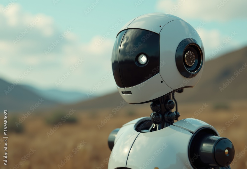 Poster a white robot with a black visor stands in a field.
