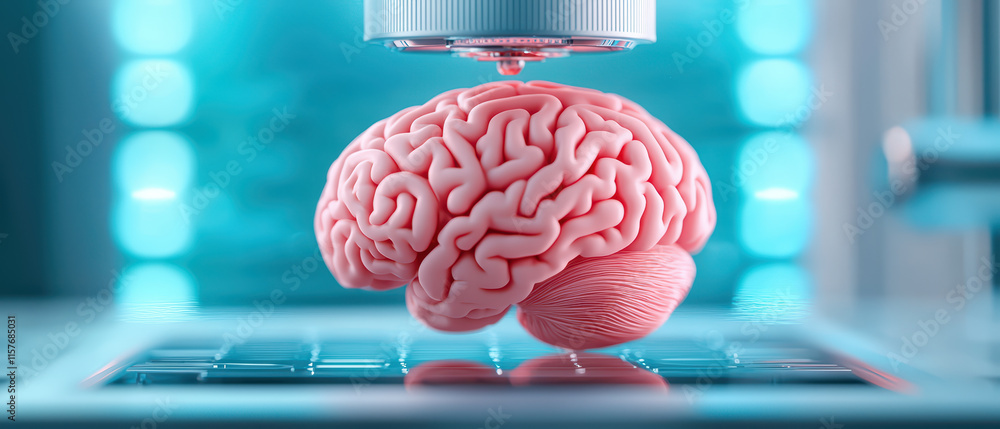 Poster close up of 3d printer creating human brain model, showcasing advanced technology and innovation in 