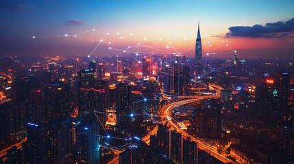 Fototapeta premium Smart digital Innovation city with connection network reciprocity over the cityscape. of future smart wireless digital city and social media networking systems that connects people with in city