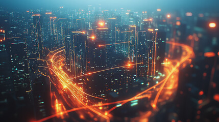 Obraz premium Smart digital Innovation city with connection network reciprocity over the cityscape. of future smart wireless digital city and social media networking systems that connects people with in city