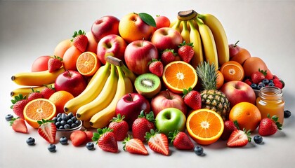 Abundant Display of Fresh Fruits Including Bananas, Apples, Oranges, Kiwi, Strawberries, Blueberries, Pineapple, and Grapefruit