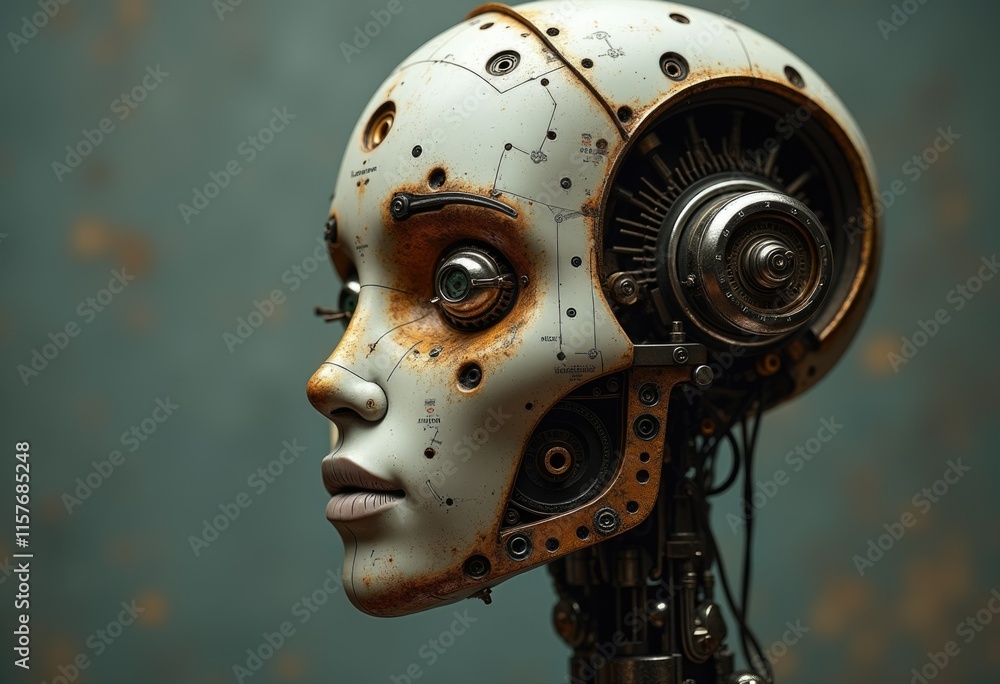 Poster a close up of a robotic head with exposed gears and wires.
