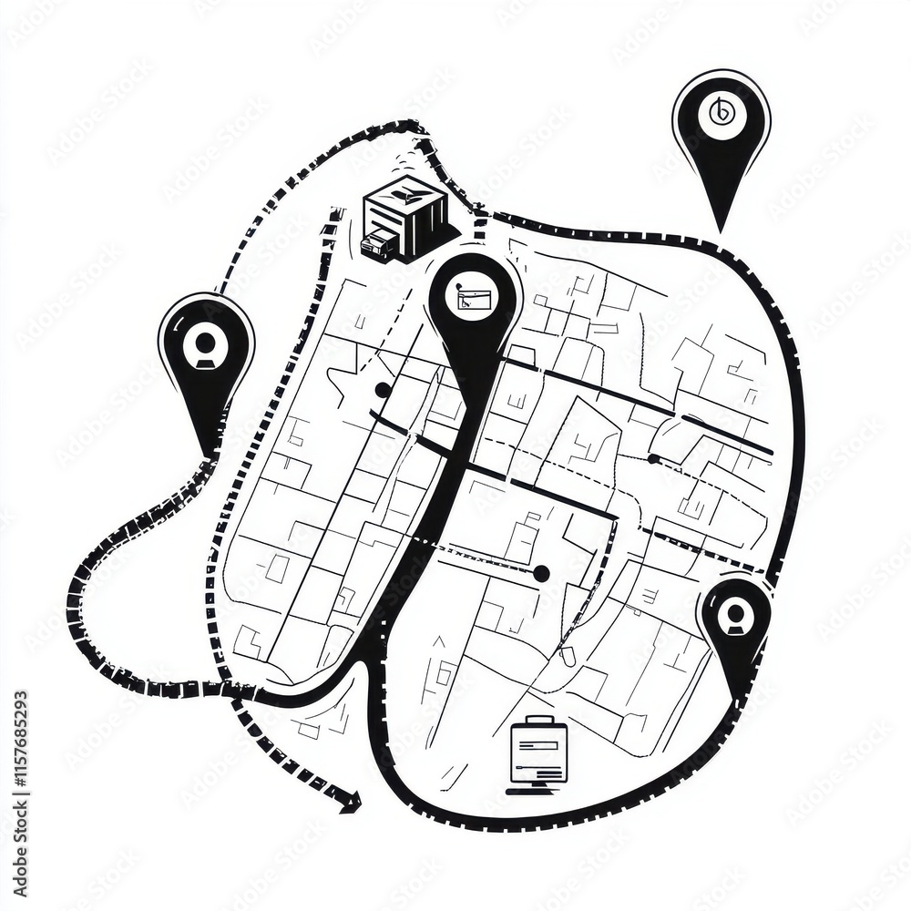 Poster black and white illustrated map with various location markers and pathways, offering a stylized navi