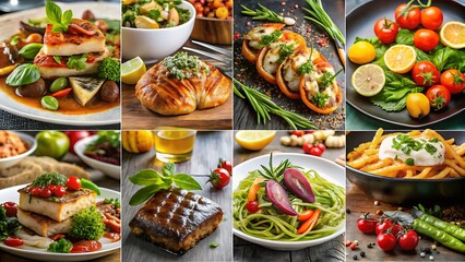 Food collage diverse cuisine gourmet dishes
