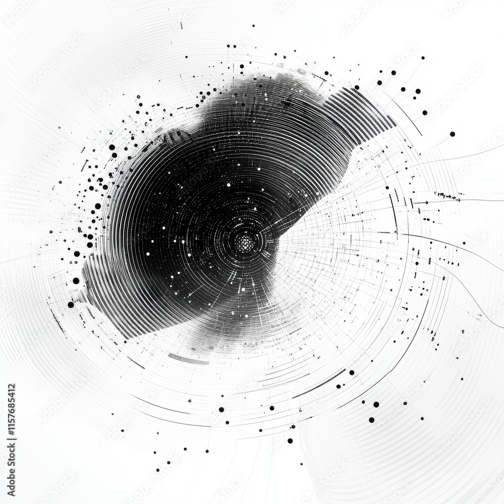 Poster abstract black and white swirl design with intricate lines and dots, creating a dynamic visual effec