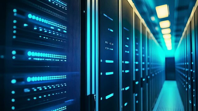 The image showcases a state-of-the-art data center filled with glowing server racks. The blue lights illuminate the aisles, creating a futuristic atmosphere in this networking hub.