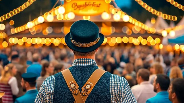 Back view of a German man wearing a traditional Bavarian hat, standing at Oktoberfest. Highlights cultural celebration and festive attire