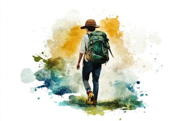 Fototapeta premium A person carrying a backpack treks through a green field, possibly on a hike or outdoor adventure