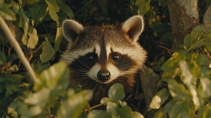 A curious raccoon peeks out from behind lush green foliage.