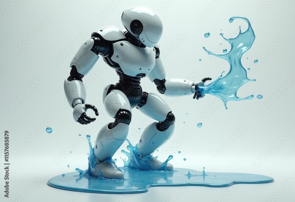 Poster a white robot standing in a puddle of blue liquid with a splash of liquid coming from its hand