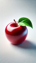 Glossy Red Apple with Fresh Green Leaf on a Clean Background