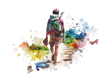 Obraz premium A watercolor painting of a person strolling along a winding path, perhaps heading to a destination or enjoying the scenery
