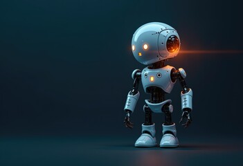 Naklejka premium A white humanoid robot with glowing eyes stands on a dark blue background.