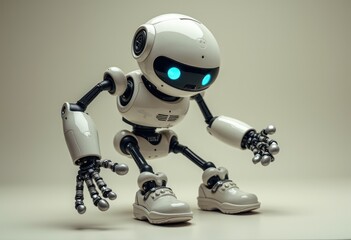 Naklejka premium A white robot with blue eyes is squatting down with its hands outstretched.