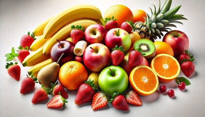Colorful Assortment of Fresh Fruits with Strawberries, Oranges, Apples, Bananas, Pineapple, Kiwi, and Cherries