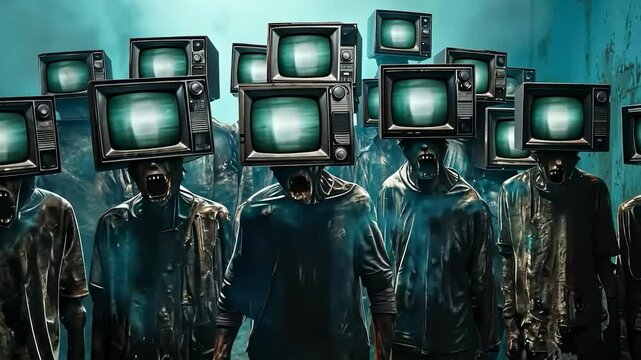
Conceptual image of people turned into zombies due to excessive media and television influence, highlighting negative effects on human brains