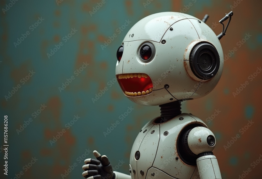 Aufkleber a white robot with red eyes and an open mouth standing against a green and brown background.