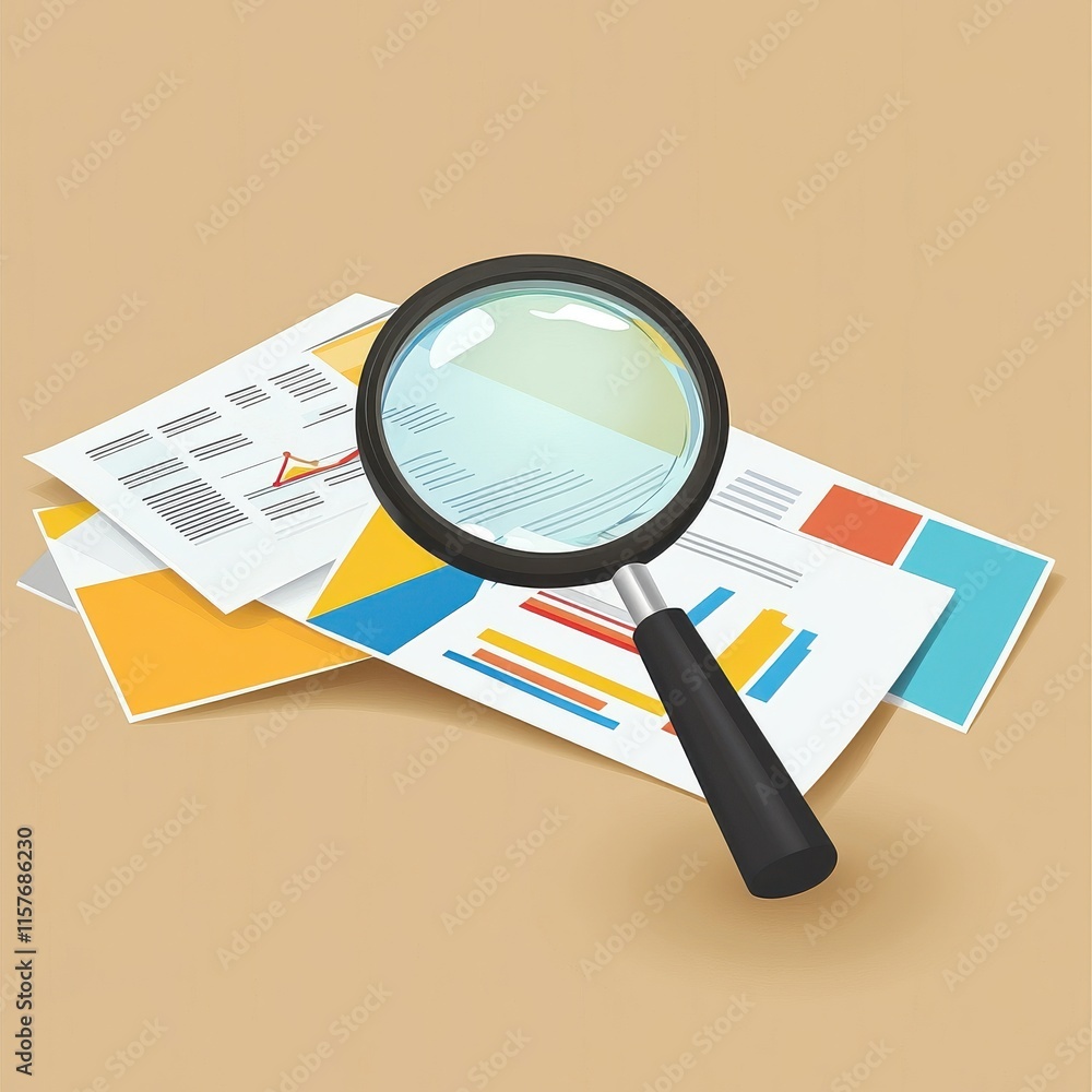 Aufkleber a magnifying glass resting on a stack of colorful business reports and charts.