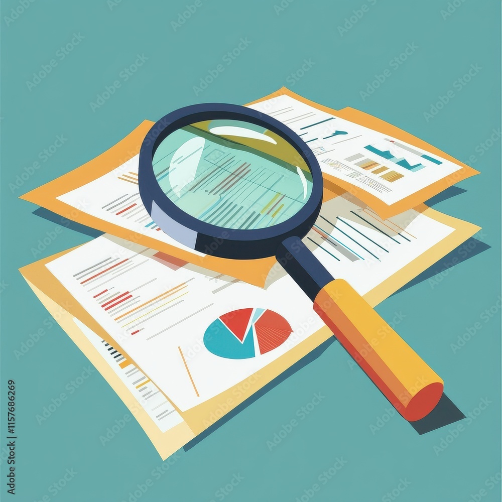 Aufkleber a close-up view of business reports under a magnifying glass, highlighting data analysis and insight