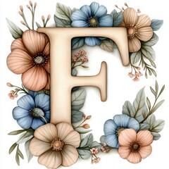Floral alphabet, letter F adorned with an array of pastel blue watercolor flowers and leaf. Monogram initials perfectly for wedding invitations, greeting card, logo, poster, floral design projects