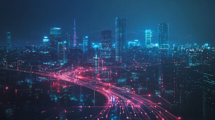 Fototapeta premium Smart digital Innovation city with connection network reciprocity over the cityscape. of future smart wireless digital city and social media networking systems that connects people with in city
