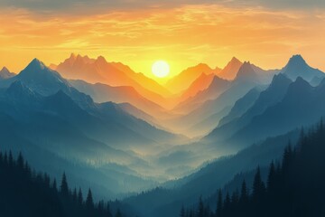 Obraz premium Sunrise over the mountain peaks with misty valleys in a serene landscape
