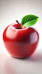 Lustrous Red Apple with Fresh Green Leaf on Clean Background