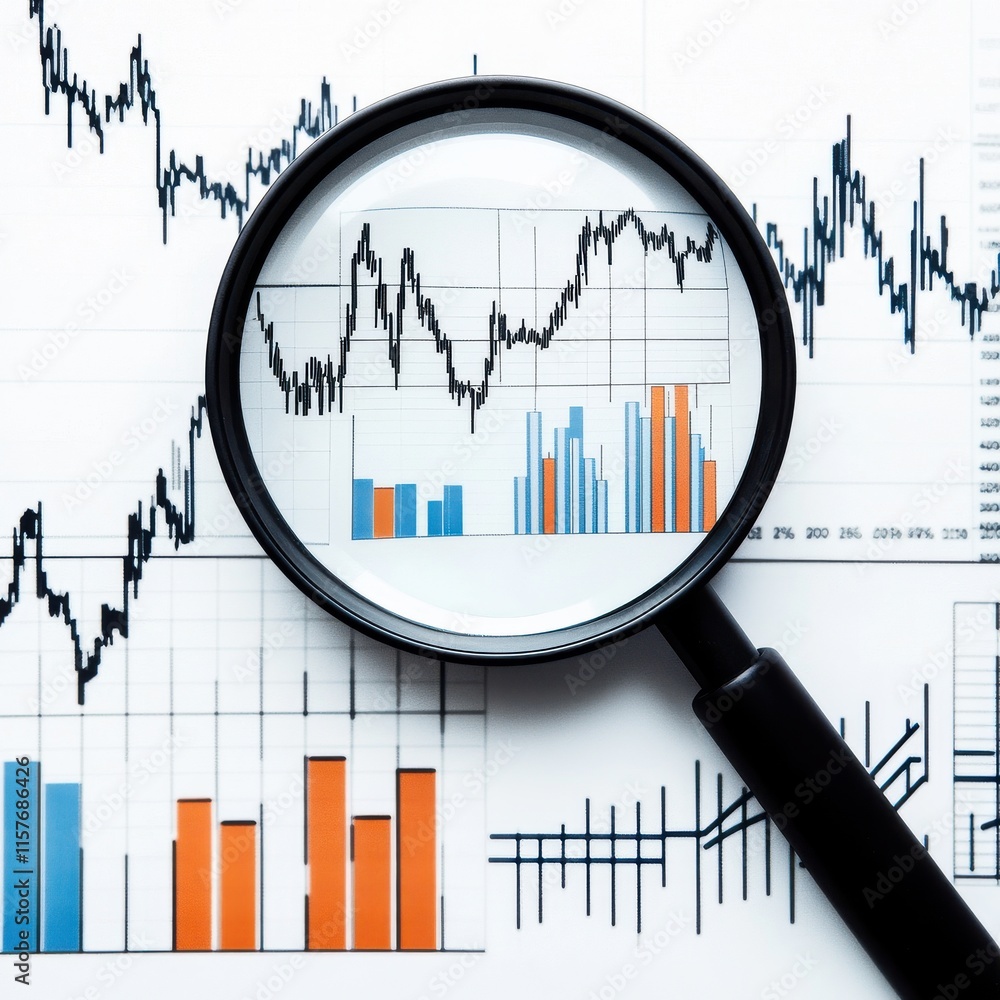 Poster a close-up view of financial charts with a magnifying glass highlighting key data points.