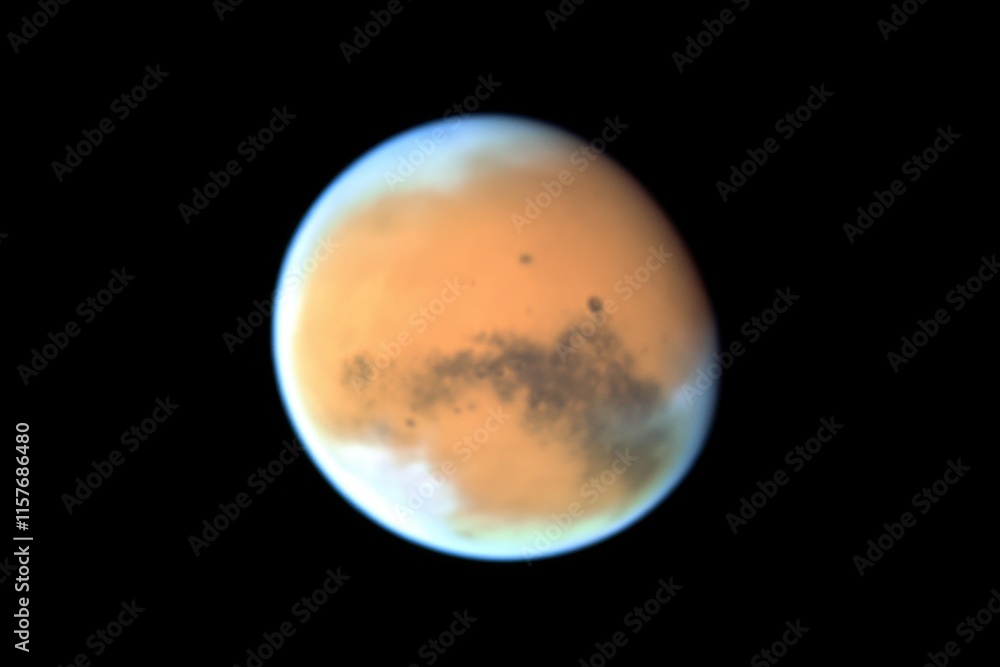 Poster A distant view of Mars from space with its rocky terrain and atmosphere