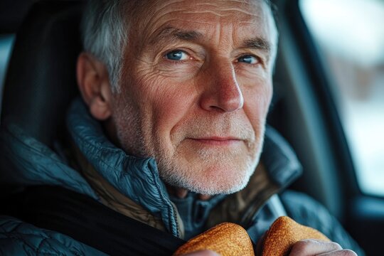 A person sitting in a vehicle eating a pastry, suitable for illustration about food or daily life