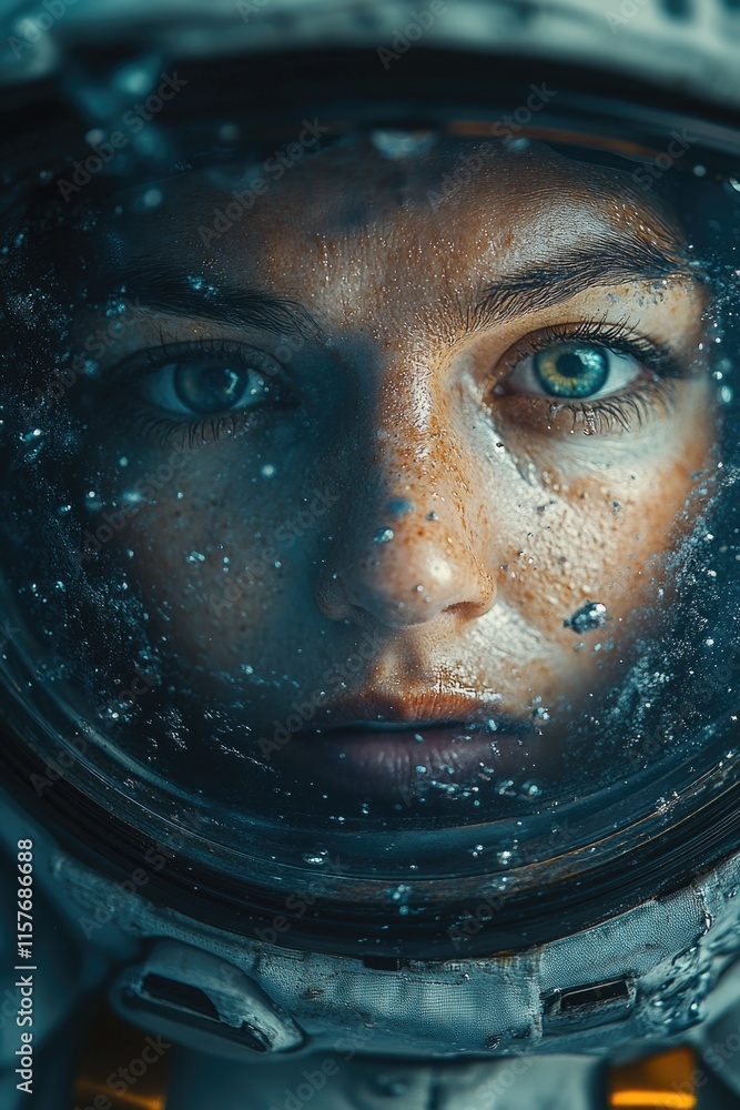 Poster a close-up view of a person wearing a space suit, perfect for use in sci-fi or technology-related co