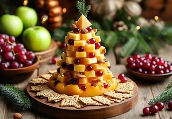 A cheese tree on the table, surrounded by berries and nuts. 