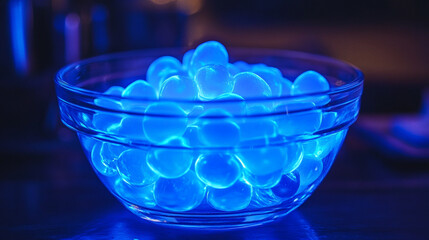 A bowl of edible jelly spheres glowing in the dark, emitting radiant, bioluminescent hues.